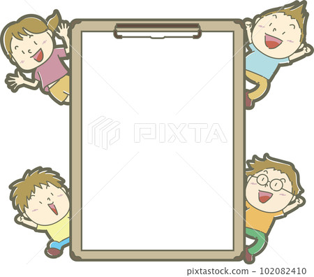 Children jumping out happily from behind binders Children jumping out happily from behind binders 102082410
