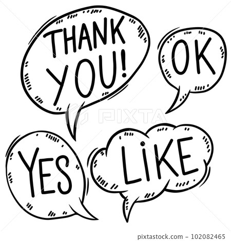 Set of hand drawn comic style phrases. Ok, yes, like, thank you. Design element for poster, card, banner, flyer. Vector illustration Set of hand drawn comic style phrases. Ok, yes, like, thank you. Design element for poster, card, banner, flyer. Vector illustration 102082465