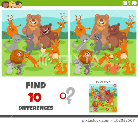 differences game with cartoon animal characters group 102082507