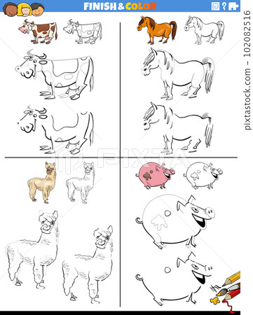 drawing and coloring worksheets set with farm animals 102082516