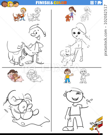 drawing and coloring worksheets set with cute children 102082517