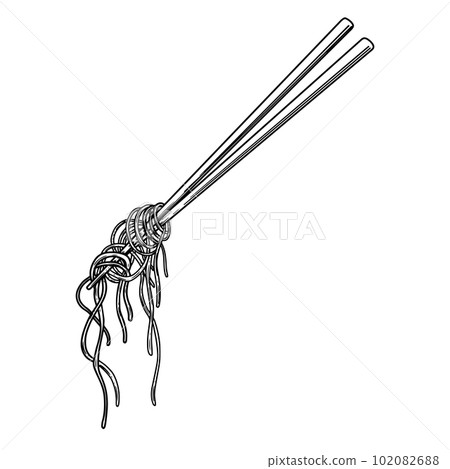Illustration of chinese chopsticks with noodles isolated on white background. Design element for poster, card, banner, logo, label, sign, badge, t shirt. Vector illustration 102082688