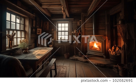 Chalet Cozy Interior Wooden cottage and Fireplace in the winter. Rustic Home Design for Warm Indoor Space Alpine Vacation. Modern Cottage Living Room Decor with Wood Wall and Furniture. Winter Holiday Chalet Cozy Interior Wooden cottage and Fireplace in the winter. Rustic Home Design for Warm Indoor Space Alpine Vacation. Modern Cottage Living Room Decor with Wood Wall and Furniture. Winter Holiday 102082691