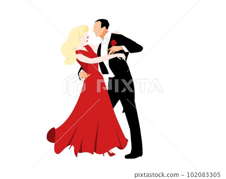 A man in a tailcoat with flowers and a woman dancing A man in a tailcoat with flowers and a woman dancing 102083305