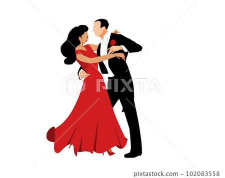 A man in a tailcoat with flowers and a woman dancing A man in a tailcoat with flowers and a woman dancing 102083558