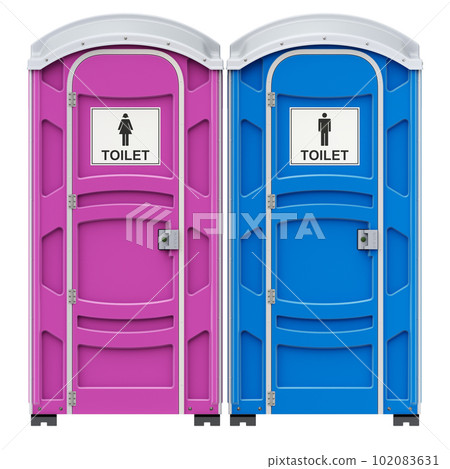 Front view of mobile portable plastic toilet for male and female genders Front view of mobile portable plastic toilet for male and female genders 102083631