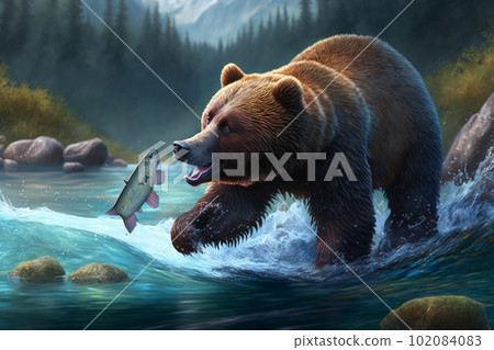 Image of a brown bear hunting salmon: AI-generated image 102084083