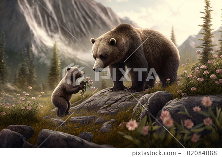 Image of a brown bear parent and child: AI-generated image 102084088