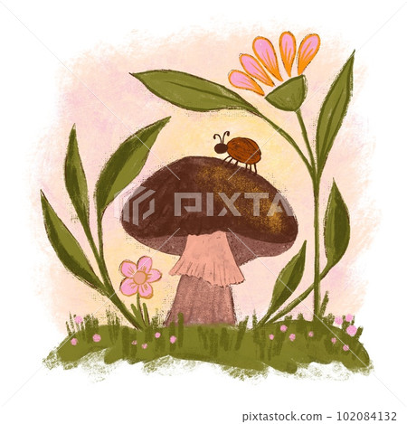 Hand drawn forest mushroom with flowers ladybug, edible poisonous fungi in wood woodland. Autumn fall nature design, toadstool webcap fly agaric print, wild fungus art, orange brown beige, green moss Hand drawn forest mushroom with flowers ladybug, edible poisonous fungi in wood woodland. Autumn fall nature design, toadstool webcap fly agaric print, wild fungus art, orange brown beige, green moss 102084132
