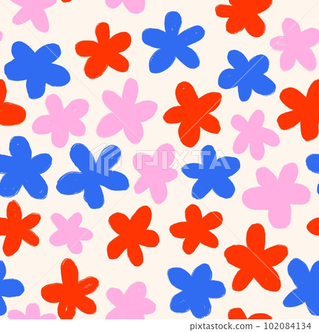 Hand drawn seamless pattern of tiny ditsy flowers. Blue yellow orange floral print on light pastel background, vintage retro minimalist style, small daisy nature art, spring summer garden five petals 102084134