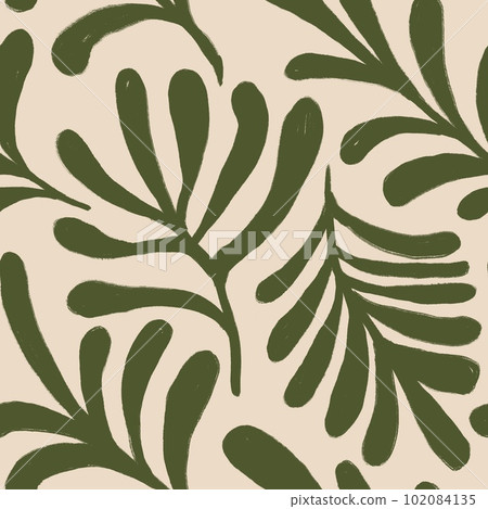 Hand drawn seamless pattern with muted pastel flowers, neutral beige sage green floral design. Boho bohemian trendy loose nature blossom bloom leaves, victorian retro garden print, retro romantic. 102084135