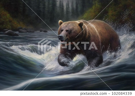 一隻棕熊在河中奔跑的圖像：人工智能生成的圖像 102084339