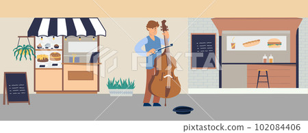 Cello player. Man playing violoncello on city street. Fastfood and pastry kiosks. Musician with musical instrument. Urban outdoor summer festival. Cellist performance. Vector illustration 102084406