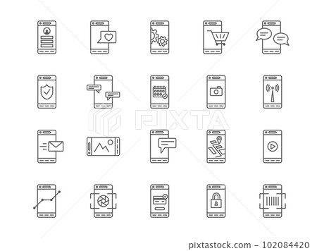 Mobile line symbols. Cellphone payment. Screen lock icons. Statistics smartphone function. Setting and search gear. Notification service. Phone application. Vector app pictograms set 102084420