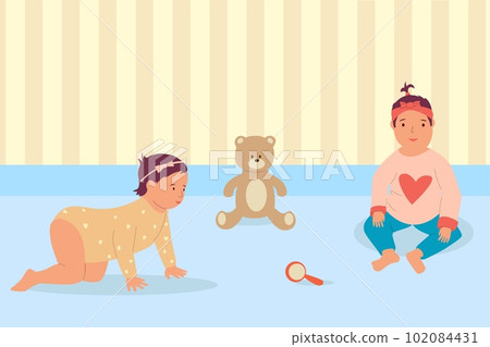 Baby girls. Toddlers with toys. Daughters play game together. Little children sitting or crawling on nursery floor. Happy kids in rompers. Plush bear and rattle. Vector cartoon illustration 102084431
