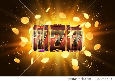 Casino jackpot. Glowing 777 lucky number. Money win. Slot machine. Golden coins. 3D bingo or bet. Fortune elements. Play gamble game. Gold confetti and sparkles. Vector gambling banner 102084523