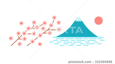 Mount Fuji, lake Kawaguchi, Japan, blooming sakura branch. Vector isolated. Mount Fuji, lake Kawaguchi, Japan, blooming sakura branch. Vector isolated. 102084896