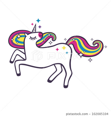 Unicorn with rainbow hair. Vector cartoon flat illustration for print, sticker, fashion fabrics. Unicorn with rainbow hair. Vector cartoon flat illustration for print, sticker, fashion fabrics. 102085104