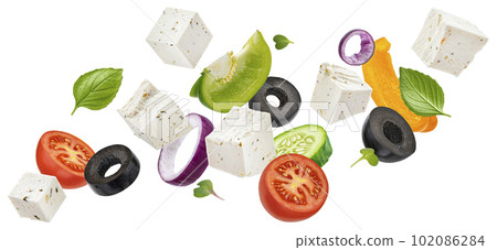 Falling greek salad isolated on white background  102086284