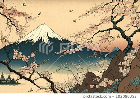 Cherry blossoms and Mt. Fuji (Ukiyo-e style): AI-generated image 102086352