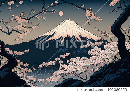 櫻花和富士山（浮世繪風格）：人工智能生成的圖像 102086353
