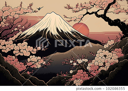 櫻花和富士山(浮世繪風格):人工智能生成的圖像 櫻花和富士山(浮世繪風格):人工智能生成的圖像 102086355