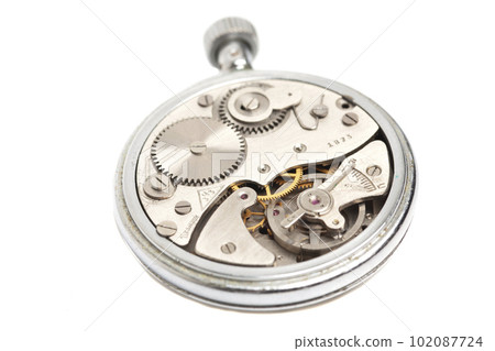 Mechanism, clockwork of a stopwatch, isolated on white. Time, work concept 102087724