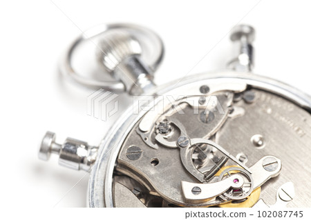 Mechanism, clockwork of a stopwatch close-up. Time, work concept 102087745
