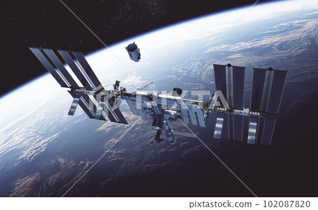 Commercial Spacecraft Docking To International Space Station On Background Of Earth. 3D Illustration. Commercial Spacecraft Docking To International Space Station On Background Of Earth. 3D Illustration. 102087820