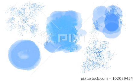 A set of watercolor colored spots. Blue water spots on a white background. 102089434