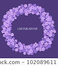 Circular frame with pink floral pattern with space for text and purple background, vector 102089611