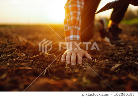 Hand of expert farmer collect soil and checking soil health before growth a seed of vegetable. Hand of expert farmer collect soil and checking soil health before growth a seed of vegetable. 102090195