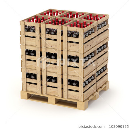 Wine wooden crates with bottles on the pallet Wine wooden crates with bottles on the pallet 102090555