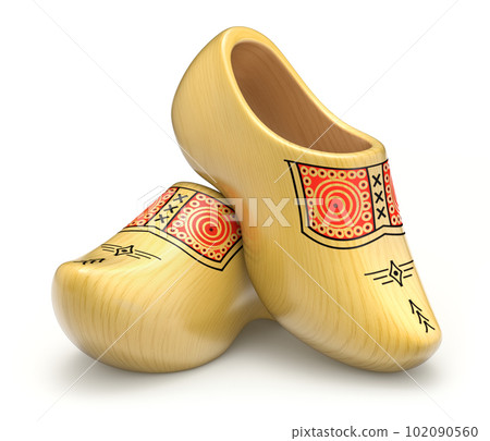 Traditional yellow dutch wooden shoes 102090560