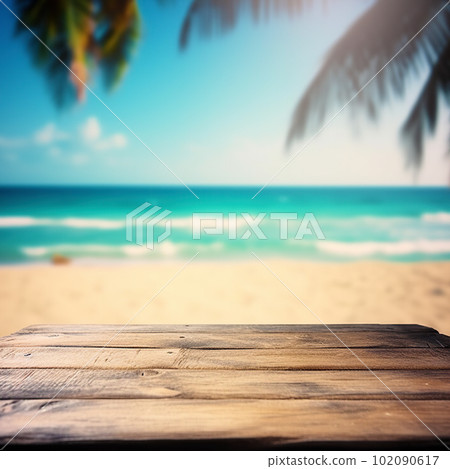 Empty wooden table on a beautiful blured tropical beach background. Summer holiday background for product display Empty wooden table on a beautiful blured tropical beach background. Summer holiday background for product display 102090617