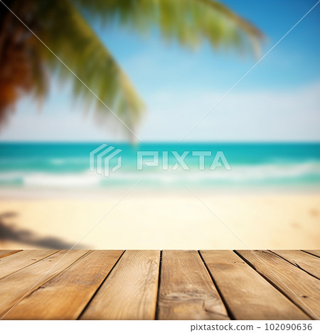 Empty wooden table on a beautiful blured tropical beach background. Summer holiday background for product display 102090636