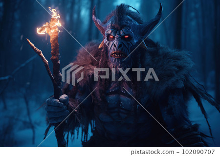 Brutal looking orc shaman. Troll mage in the winter mountains. Goblin wizard in a snowy landscape Brutal looking orc shaman. Troll mage in the winter mountains. Goblin wizard in a snowy landscape 102090707