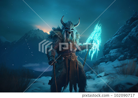 Brutal looking orc shaman. Troll mage in the winter mountains. Goblin wizard in a snowy landscape Brutal looking orc shaman. Troll mage in the winter mountains. Goblin wizard in a snowy landscape 102090717