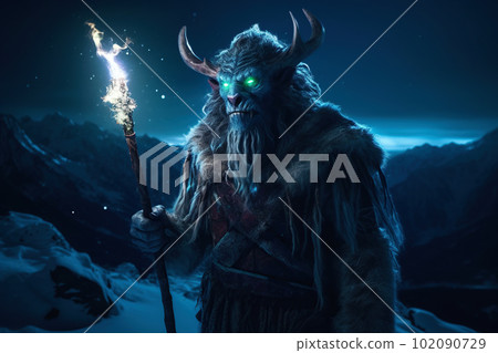 Brutal looking orc shaman. Troll mage in the winter mountains. Goblin wizard in a snowy landscape Brutal looking orc shaman. Troll mage in the winter mountains. Goblin wizard in a snowy landscape 102090729