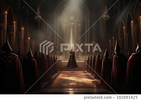 Secret society ceremony. Sect members at dark hall. Generative AI Secret society ceremony. Sect members at dark hall. Generative AI 102091425