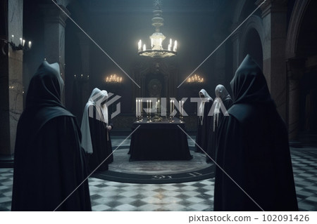 Secret society ceremony. Sect members at dark hall. Generative AI 102091426