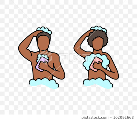 Man and woman African Americans bathe in the shower, colored graphic design. Bathroom, hygiene, body care, hair care, shampoo, soap and gel, vector design and illustration Man and woman African Americans bathe in the shower, colored graphic design. Bathroom, hygiene, body care, hair care, shampoo, soap and gel, vector design and illustration 102091668