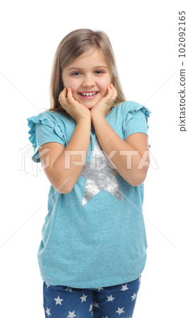 Surprised little girl in casual outfit on white background 102092165