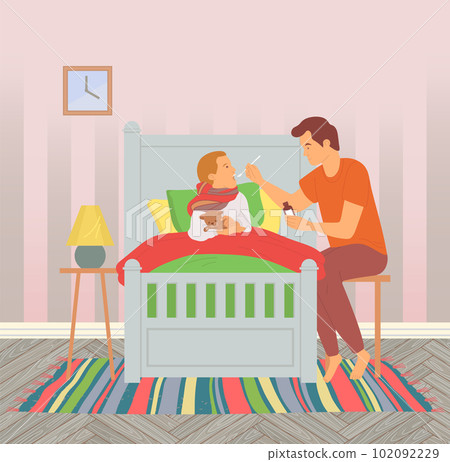 Dad gives medicine to kid. Child care concept. Father giving medical syrup to sick son lying in bed 102092229