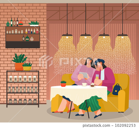 Girls friends meeting in restaurant, women eating cakes with coffee, making video for social media 102092253