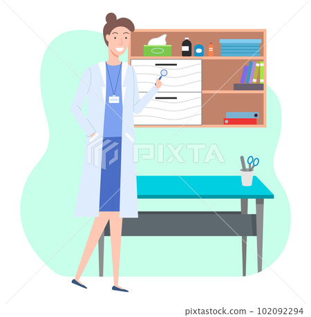 Female character doctor in medical office holding magnifying glass, therapist woman or nurse 102092294