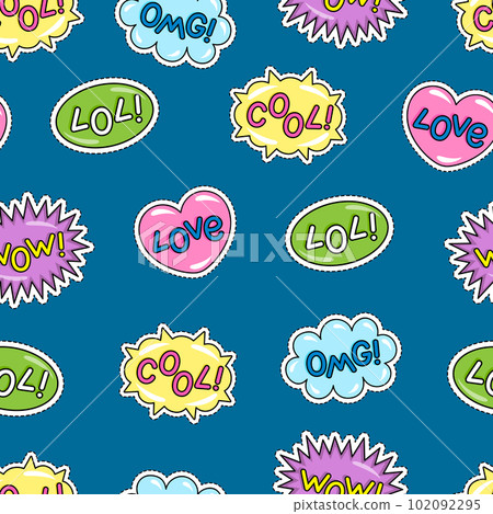 Vector set of speech bubbles in comic style with simple lettering. Colorful cool, lol, wow, omg 102092295