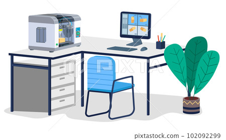 Industrial 3D printer prints a box concept. Print house equipment on the table with computer Industrial 3D printer prints a box concept. Print house equipment on the table with computer 102092299