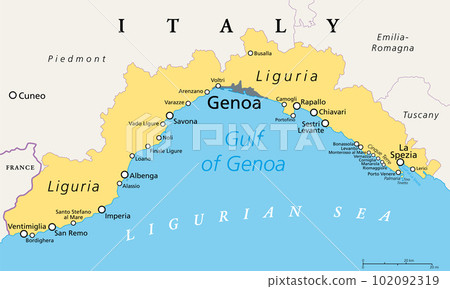 Liguria and the Italian Riviera, the Ligurian Riviera, political map. Region of north-western Italy, with capital Genoa. A narrow coastal strip between Ventimiglia and La Spezia, on the Ligurian Sea. 102092319