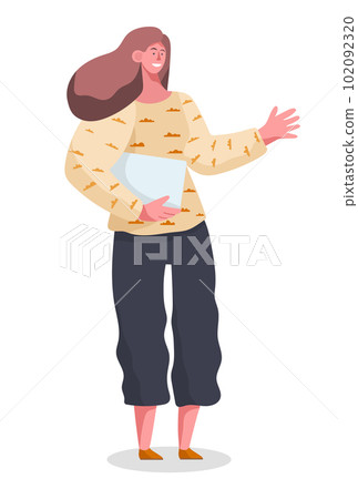 Caucasian business woman waving her hand. Full length of business woman with paper sheet 102092320